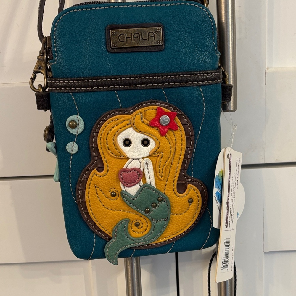Chala Teal and Brown Crossbody with Mermaid Patch